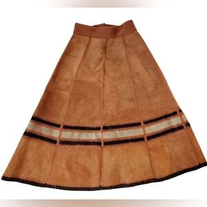 Vintage 70s Brown Tan A-Line Suede Boho Bohemian Skirt w/Crochet Detail Korean